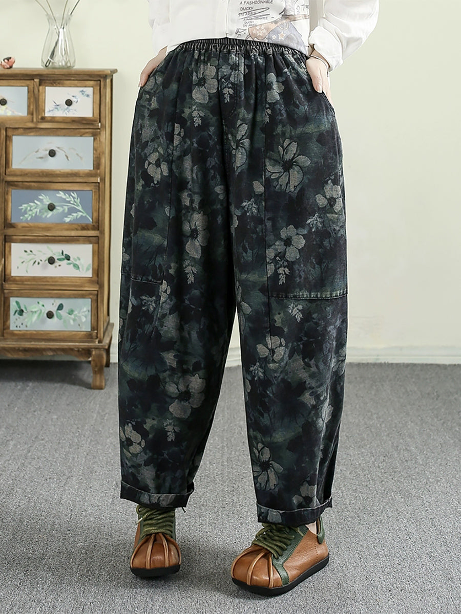 Women Spring Flower Denim 100%Cotton Harem Pants
