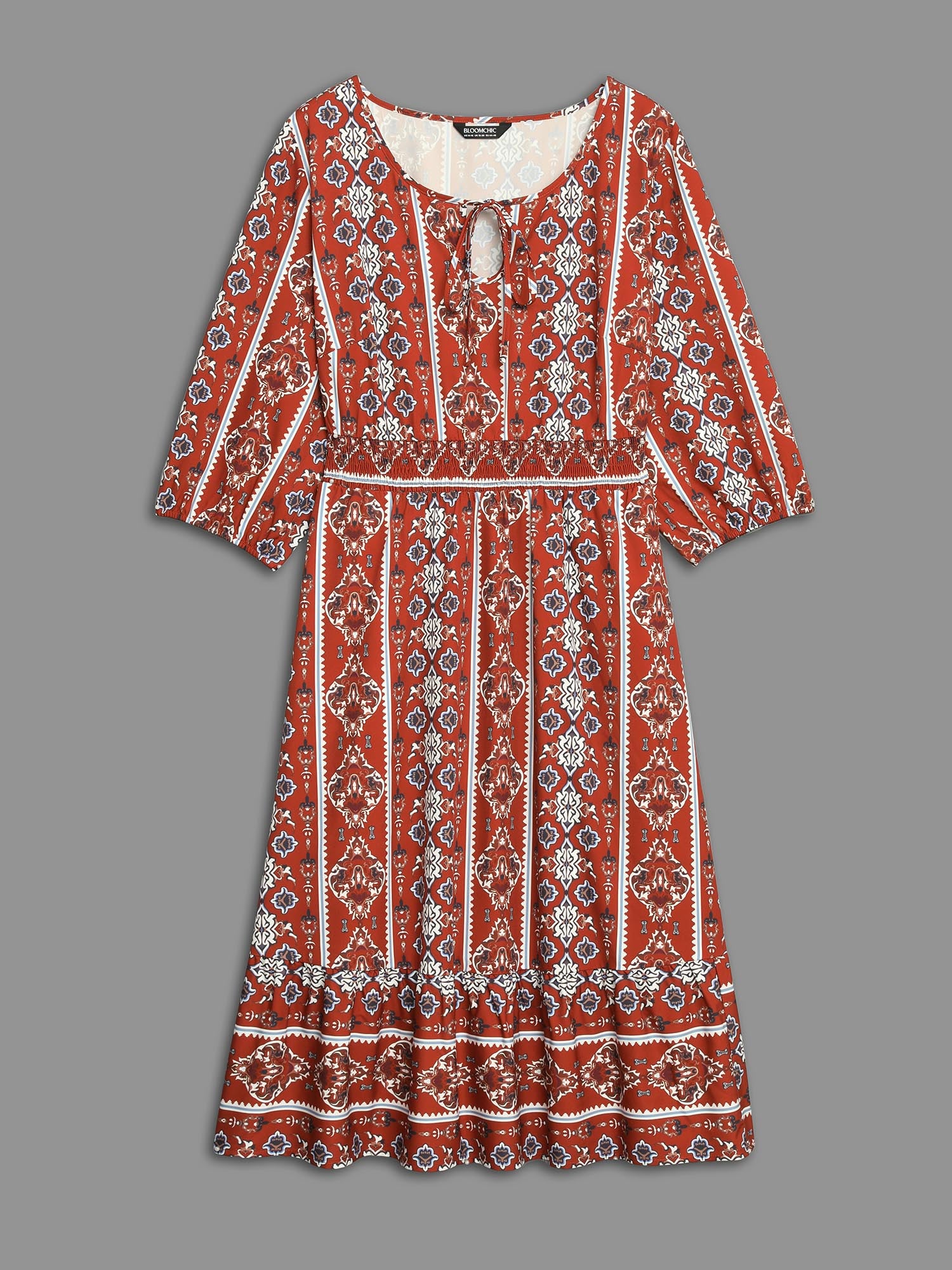 Boho Print Shirred Tie Knot Midi Dress