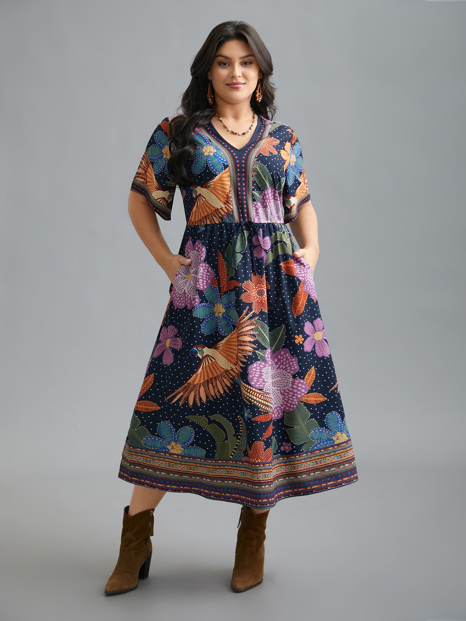 V Neck Multi-Color Floral Midi Dress