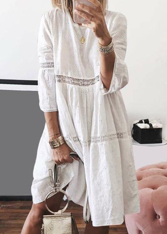 Boho Yellow O-Neck Hollow Out Cotton Long Dresses Bracelet Sleeve Summer