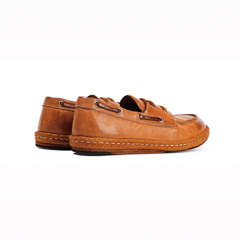 Vintage Washed Horse Leather Boat Shoes Handcrafted Casual Loafers for Women in Black/Pumpkin