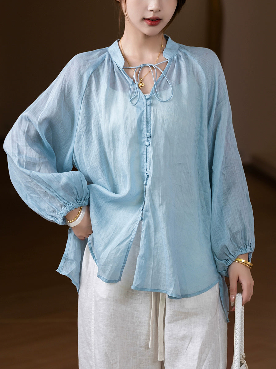 Women Summer Artsy Pure Color V-Neck 100%Ramie Shirt
