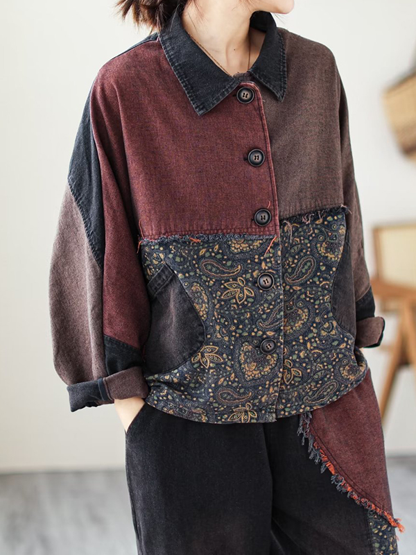 Contrast Color Fringed Split-Joint Long Sleeves Printed Outwear + Harem Pants  Two Pieces Set