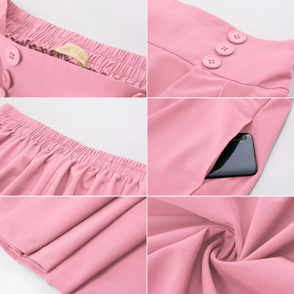 Leaf Patterns Pleated Buttons Decorated Elastic Waist High Waist Swing A-Line Skirt with Pockets