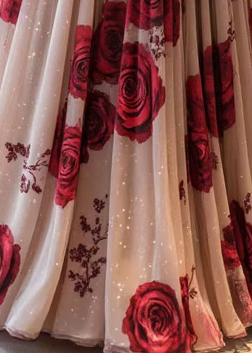 New Pink Print Wrinkled Chiffon Skirt Summer