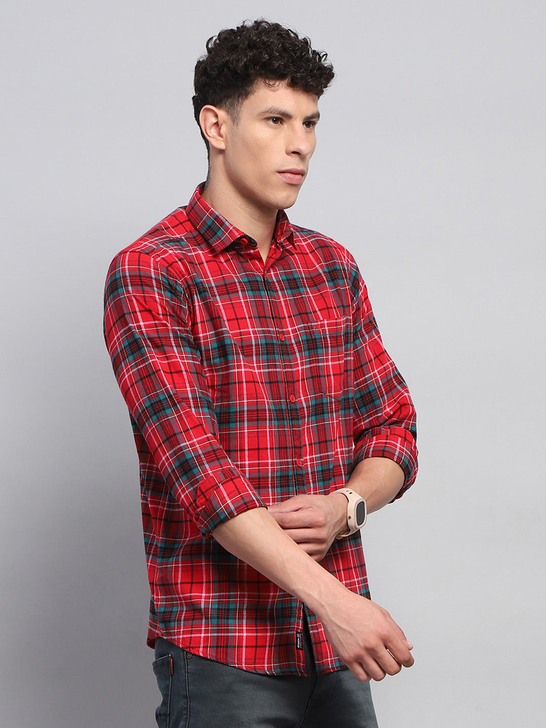 Men Red Check Collar Full Sleeve Shirt