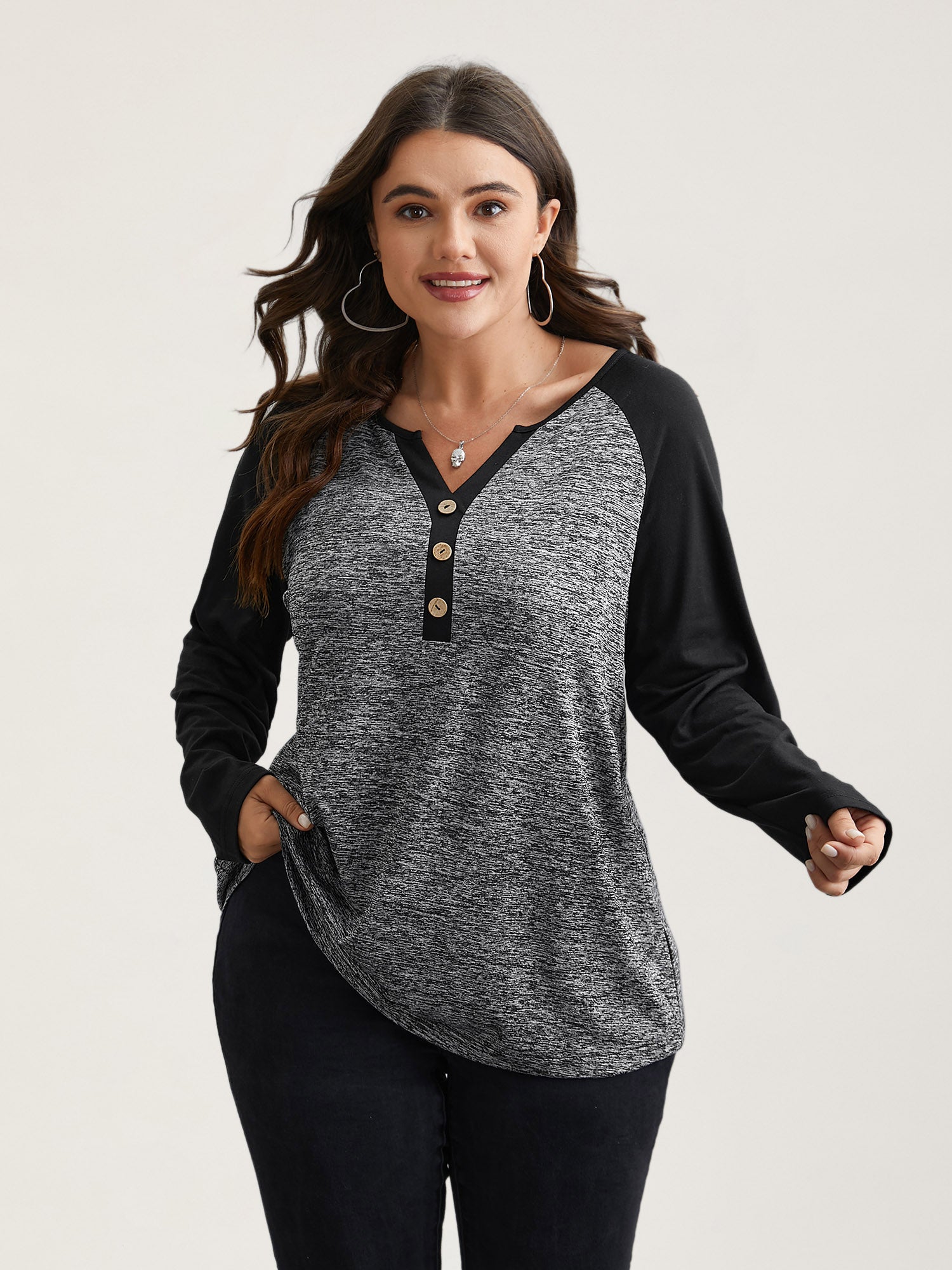 Heather Patchwork Button Detail Stretchy T-Shirt