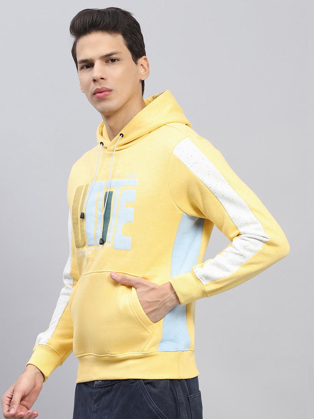 Men Yellow Printed Hooded Full Sleeve Sweatshirt