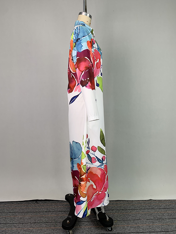 Long Sleeves Loose Buttoned Flower Print Lapel Maxi Dresses Shirt Dress