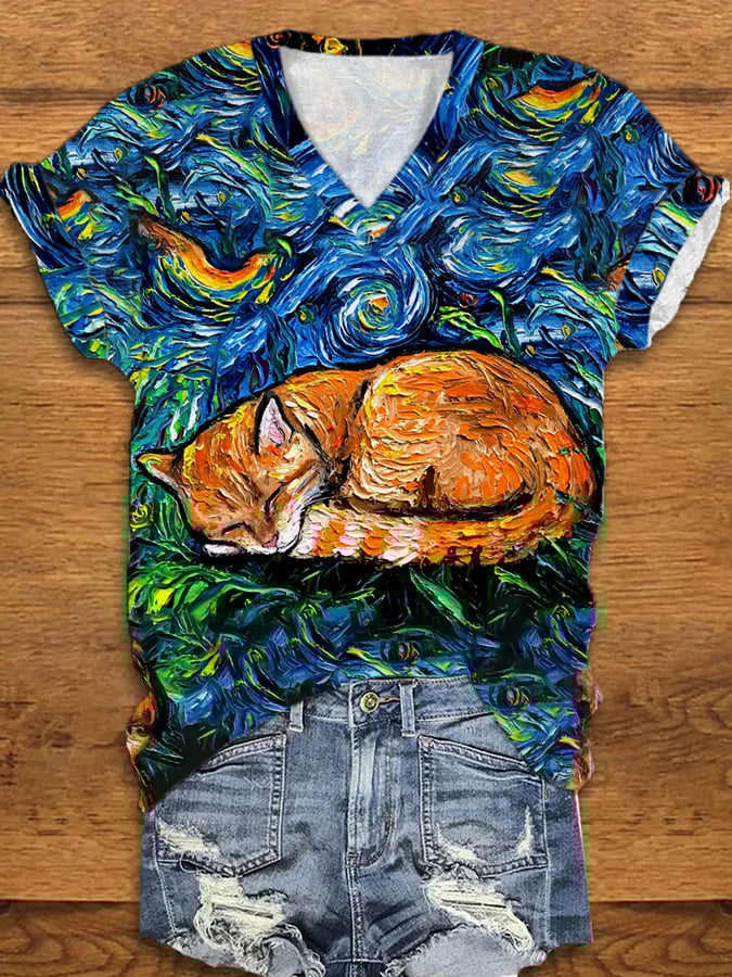 Women's Orange Tabby Cat Art Starry Night Art  Print  V-Neck T-Shirt