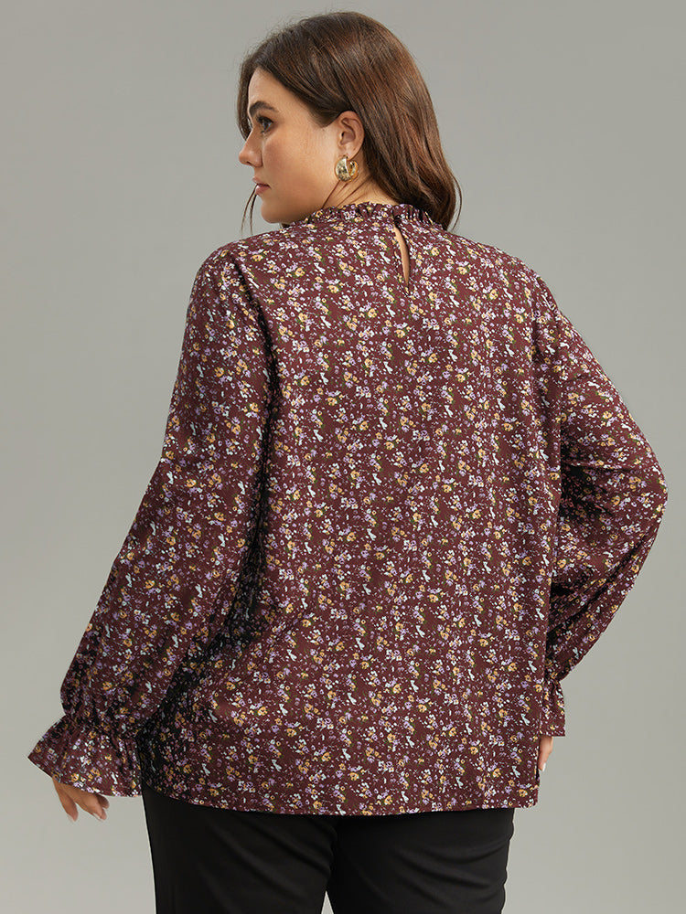 Ditsy Floral Stand Collar Pleated Blouse
