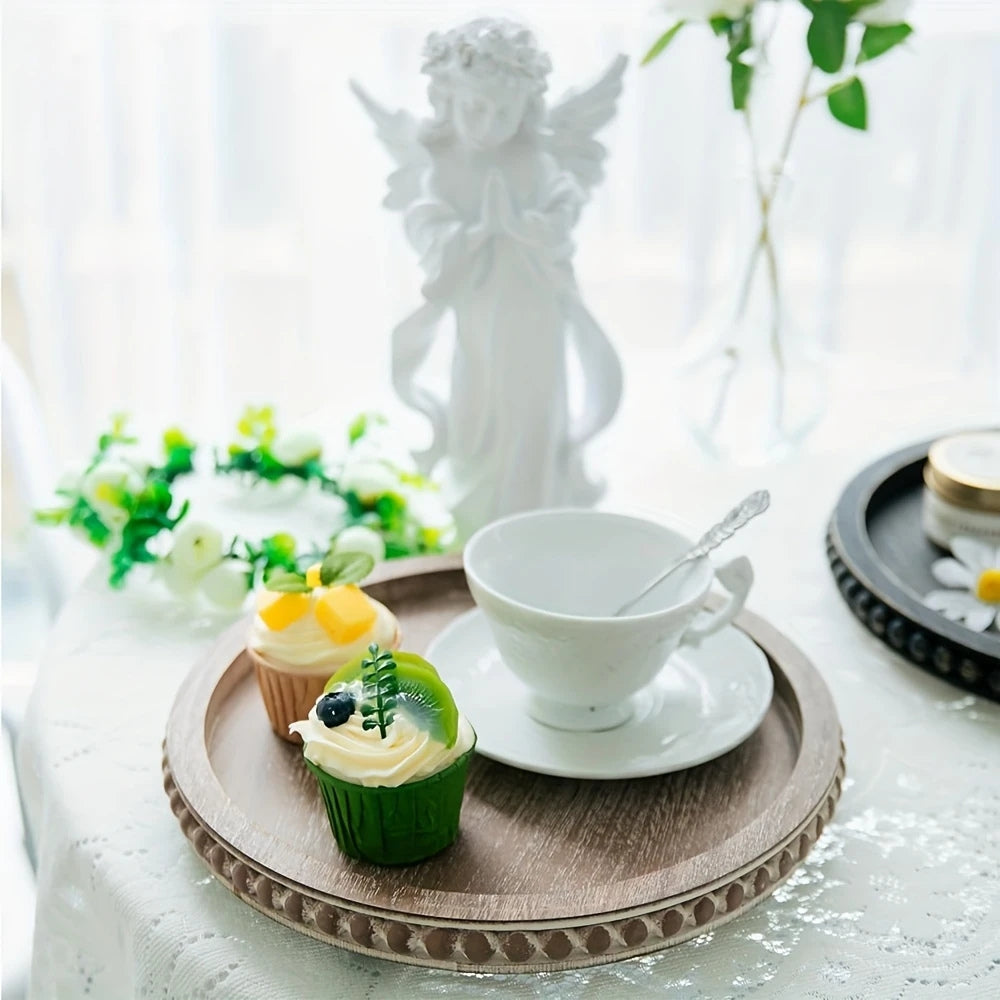 Versatile Round Wooden Beaded Edges Serving Tray