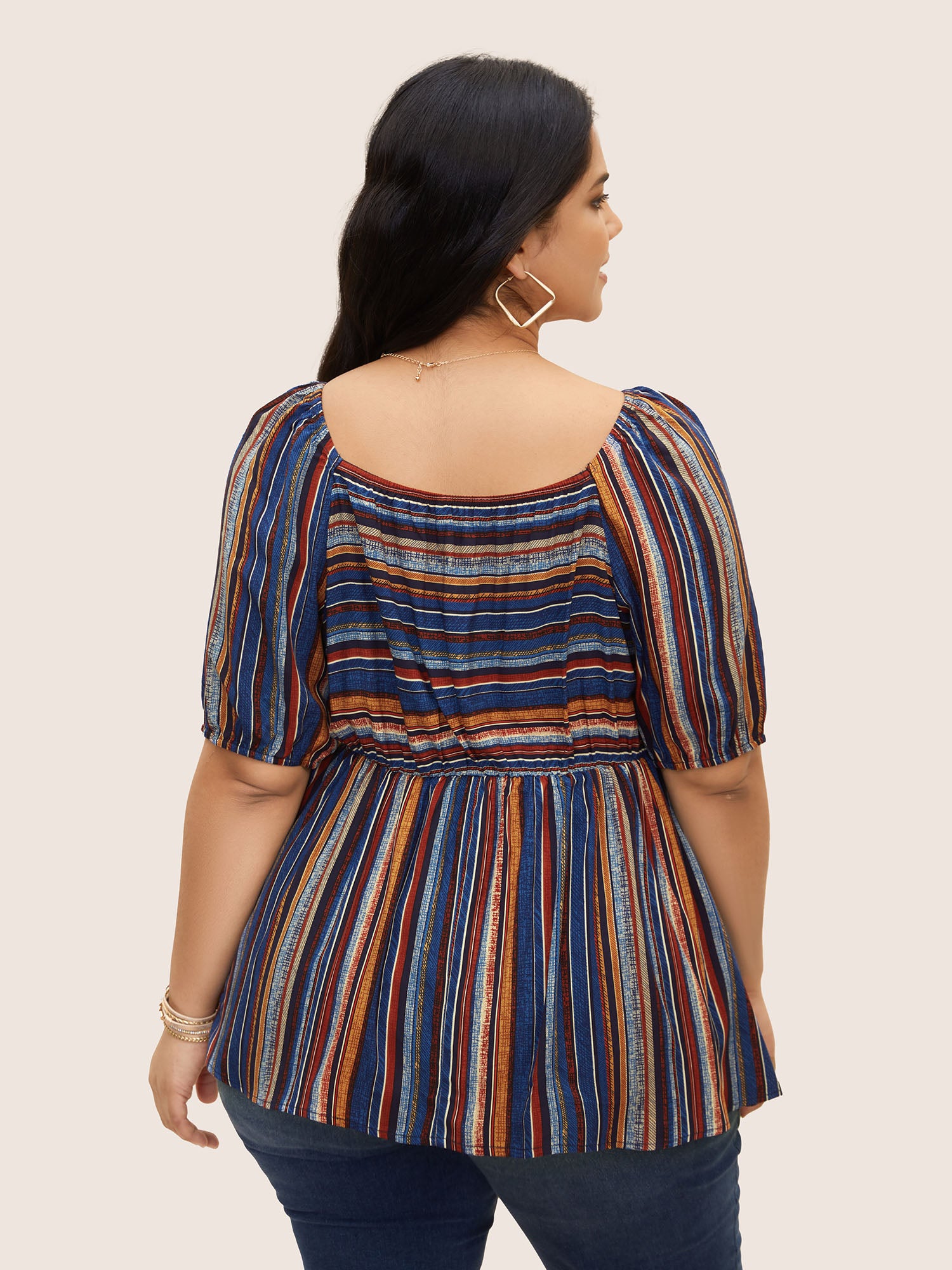Striped Heart Neckline Lantern Sleeve Blouse