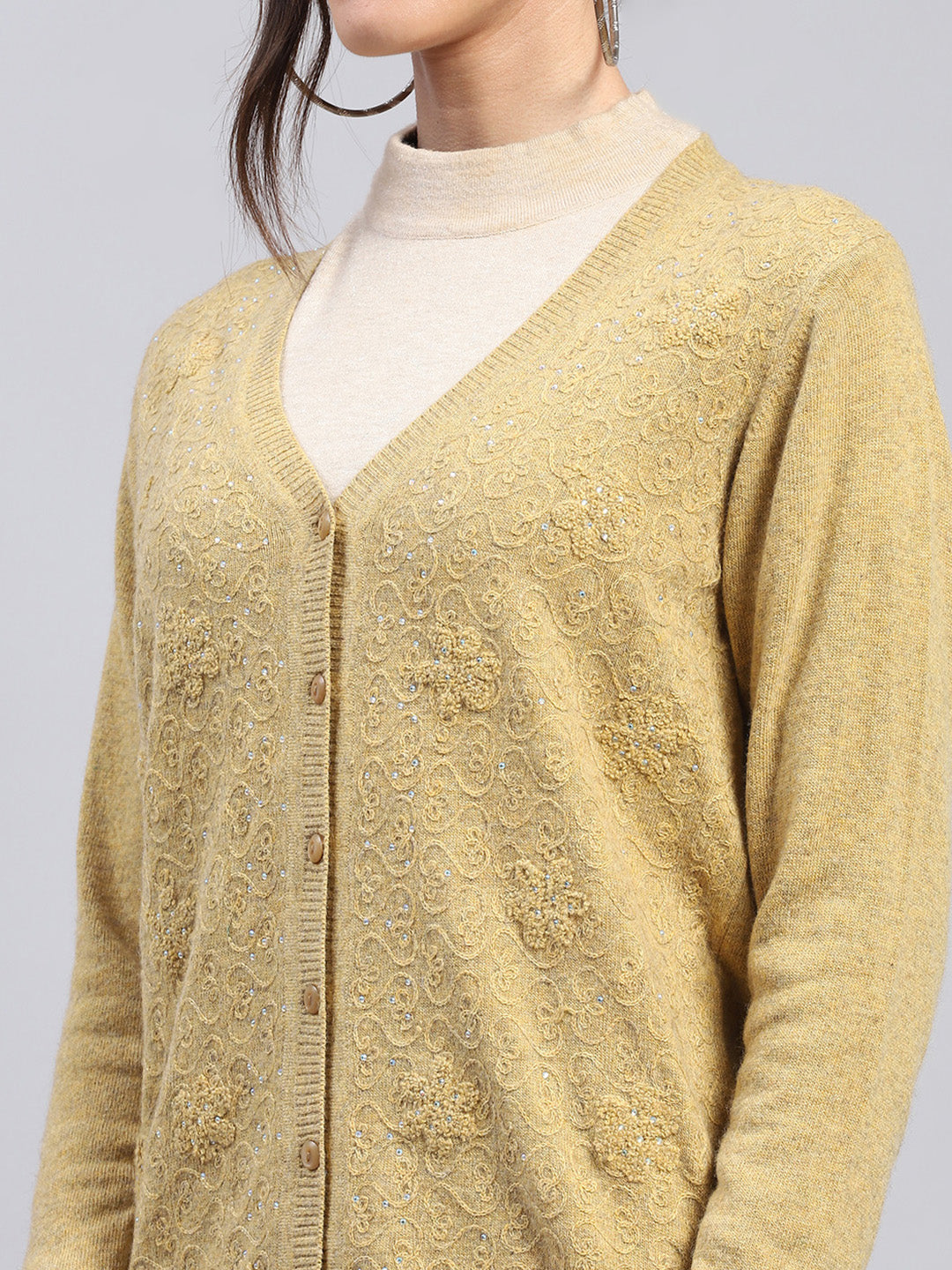 Women Mustard Self Design V Neck Full Sleeve Cardigan