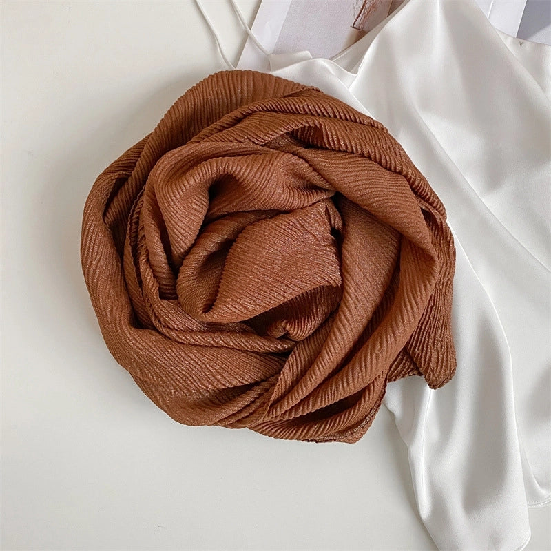 Heavy Bright Silk New Pleated Texture Scarf Women's Autumn And Winter All-Matching Long Solid Color Shawl Dual-Use