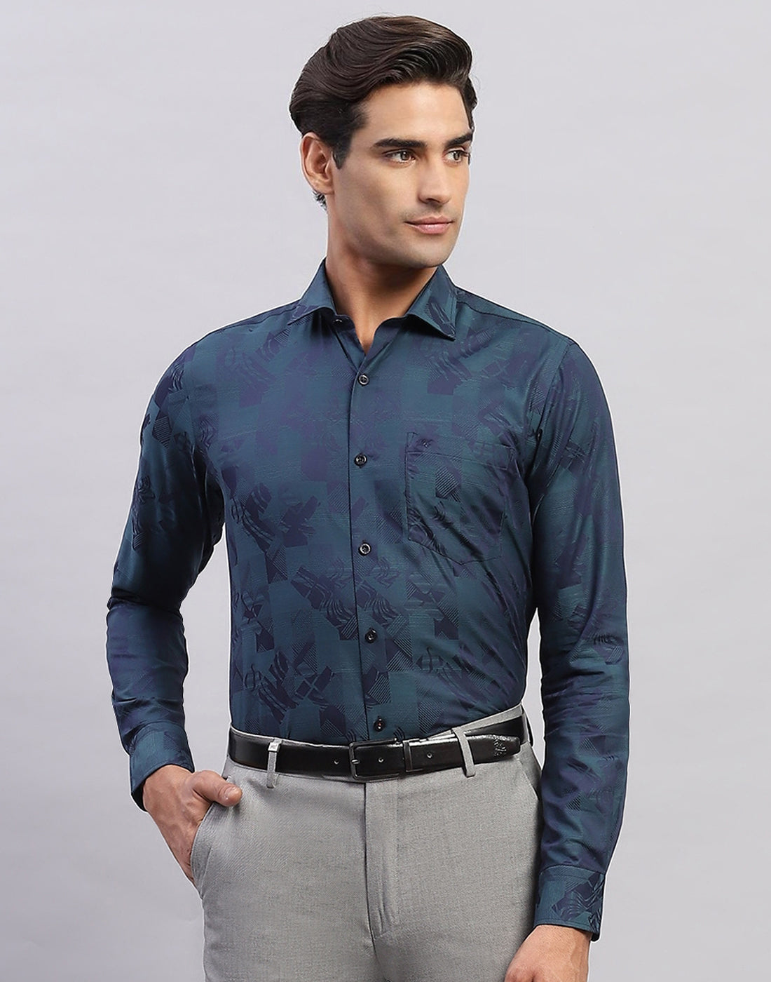 Men Navy Blue Self Design Collar Full Sleeve Shirt