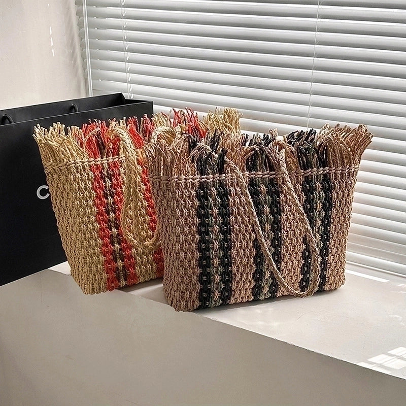 Women's Medium Straw Stripe Vacation Square Open Straw Bag