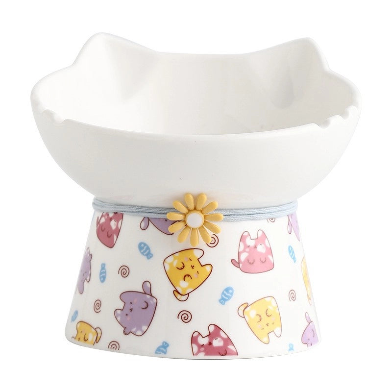 Cat Bowl Ceramic Cat Food Basin Dog Bowl Anti-overturning Integrated High Foot Inclined Mouth Cute Cat Shape Drinking Water Food Basin Pet