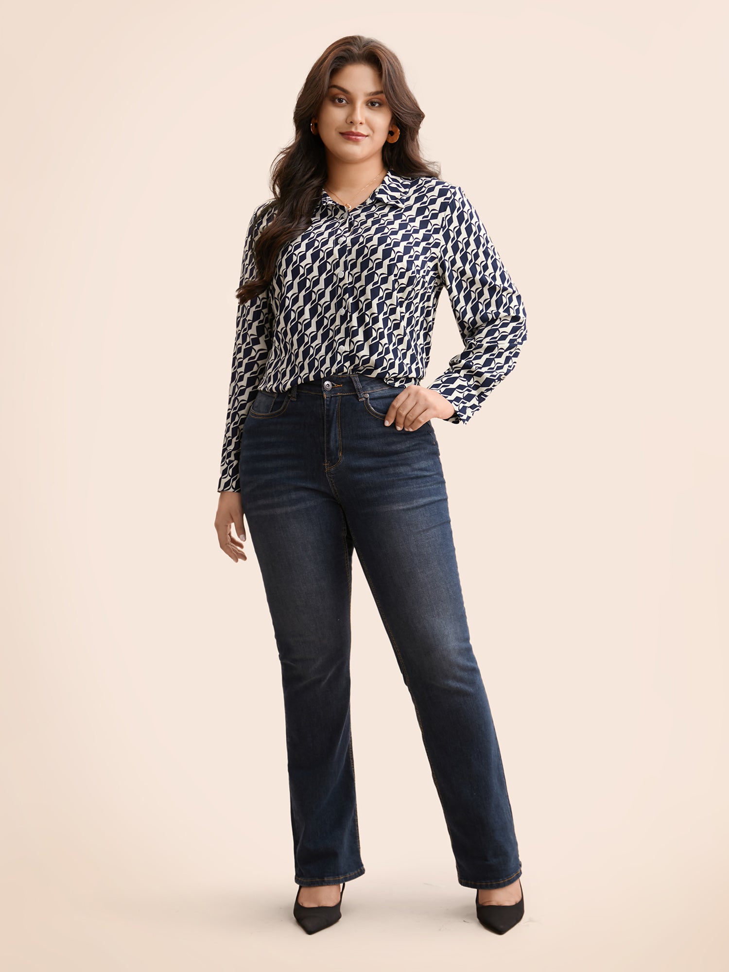 Geometric Shirt Collar Pleated Blouse