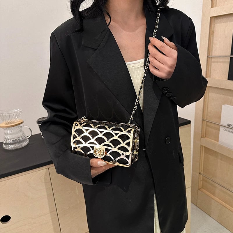 Women's Medium Pu Leather Metal Solid Color Streetwear Hollow Square Lock Clasp Crossbody Bag