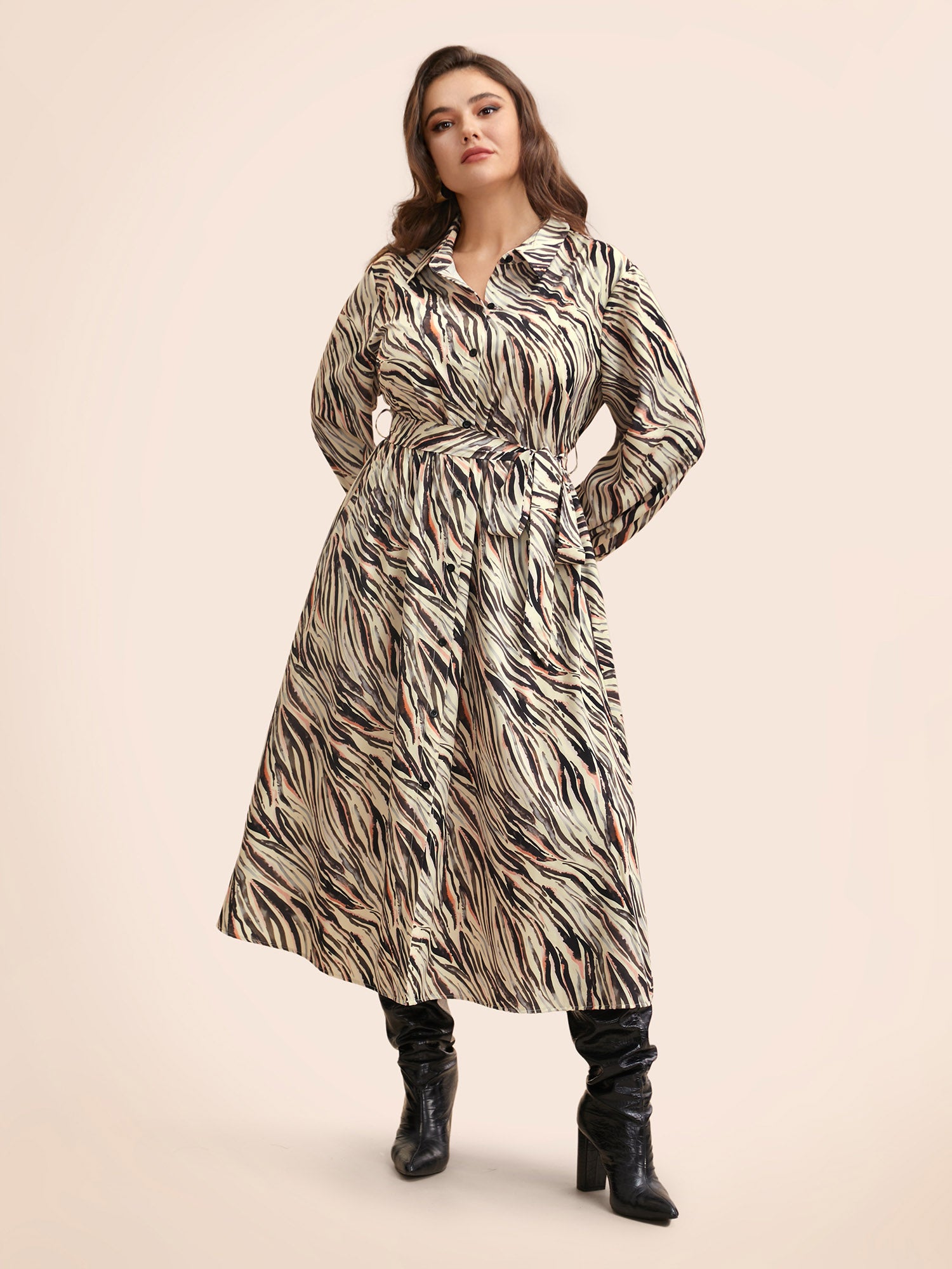 Zebra Print Shirt Collar Belted Dress