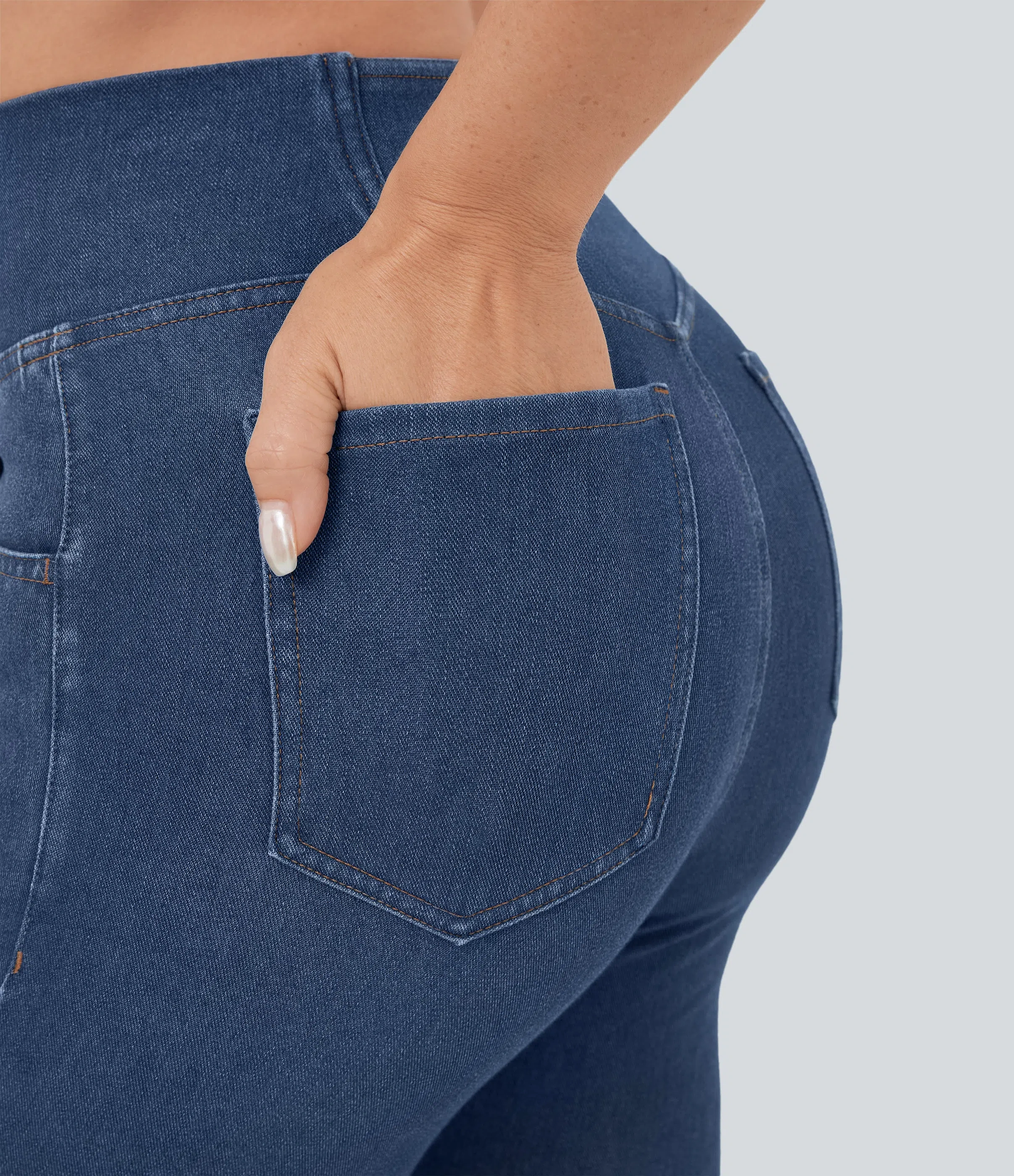 ⚡8 Packs for $25.95⚡- High Waisted Crossover Pocket Washed Stretchy Knit Casual Super Flare Jeans