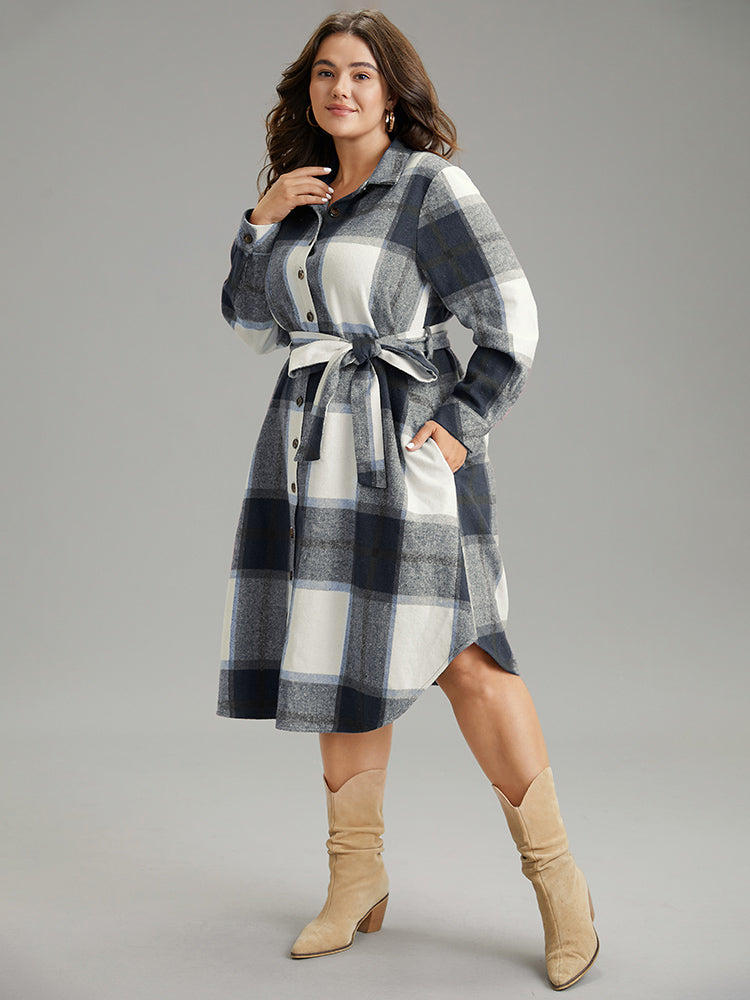 Plaid Shirt Collar Button Through Belted Dress