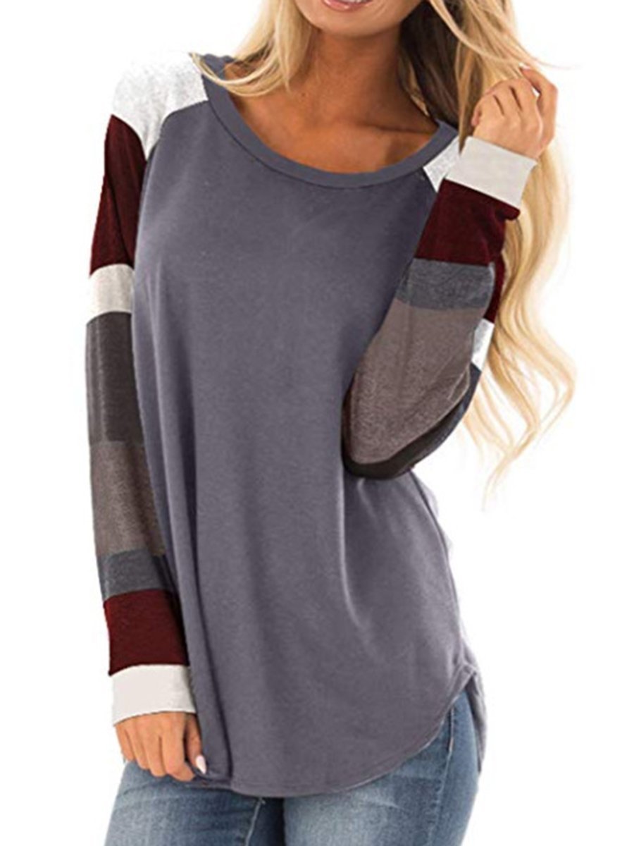 Round Neck Patchwork Stripes Long Sleeve T-Shirts