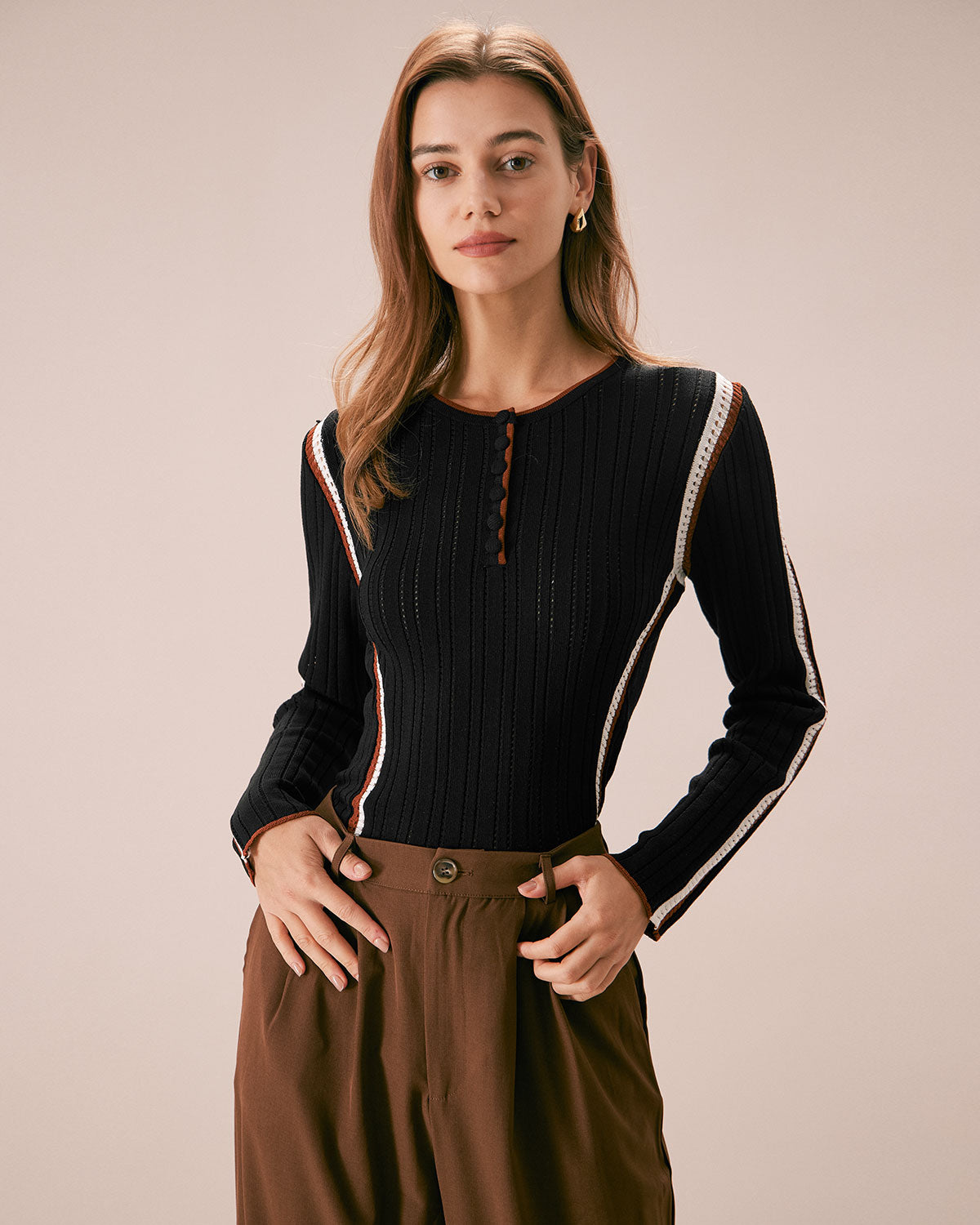 The Black Contrast Trim Pointelle Knit Top