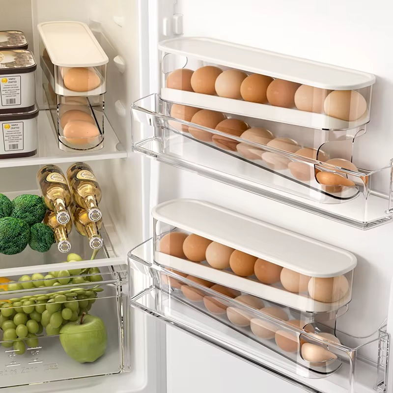Wholesale 2 Tier Kitchen Automatic Rolling Egg Rack Storage Container Plastic Egg Tray Dispenser