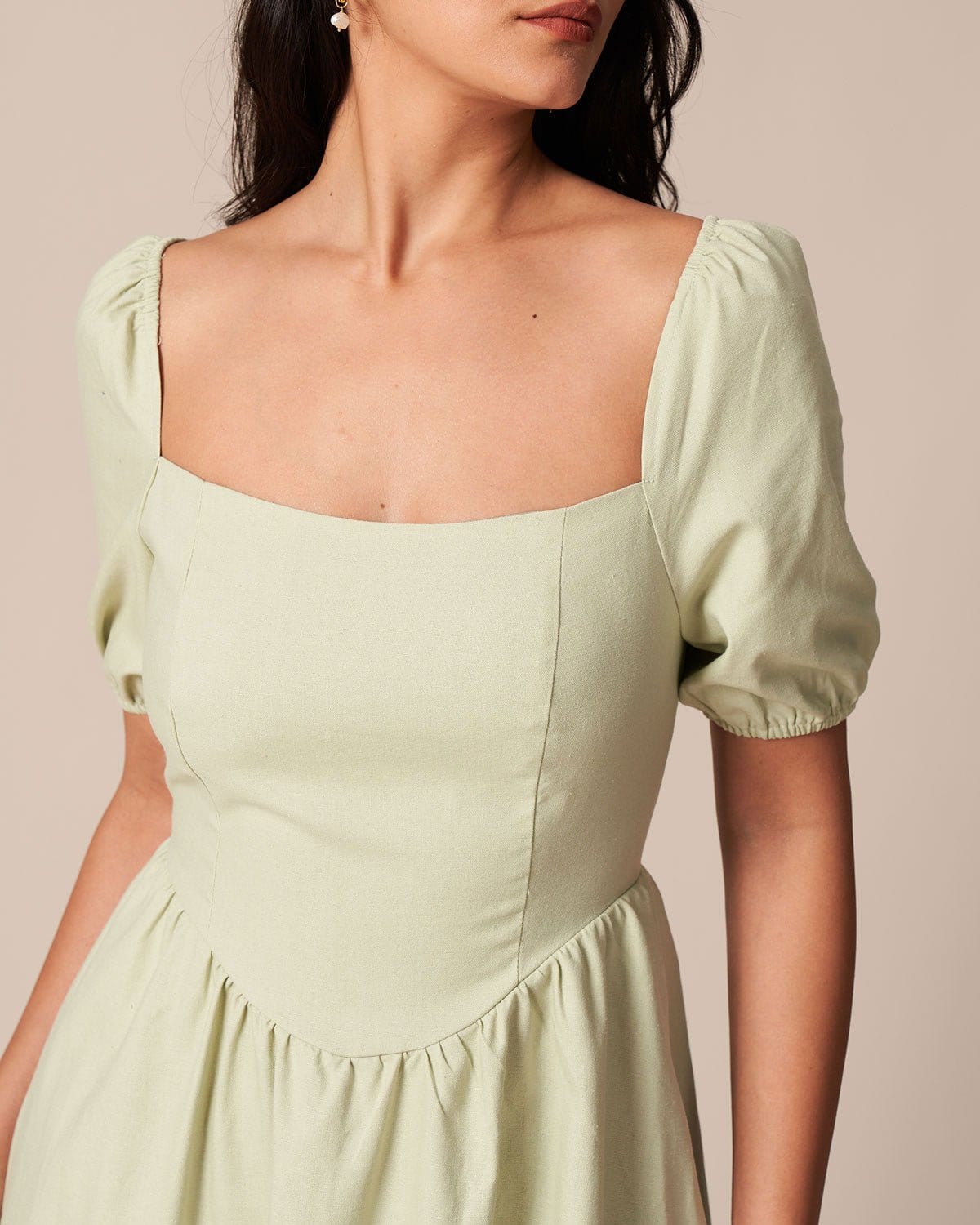 The Light Green Square Neck Shirred Midi Dress