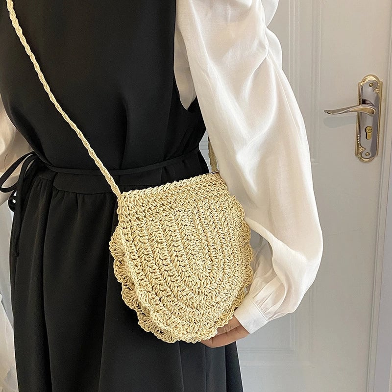 Women's Small Straw Solid Color Vacation Oval Zipper Shoulder Bag Crossbody Bag Straw Bag