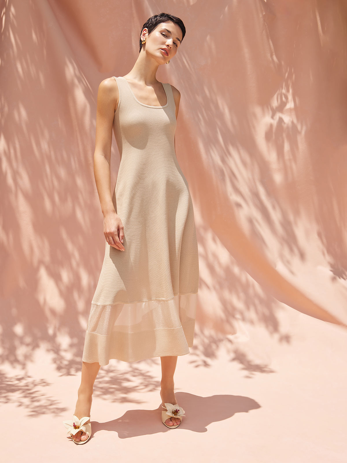 Fit-and-Flare Sheer Hem Knit Midi Dress, Biscotti - Modern Fit