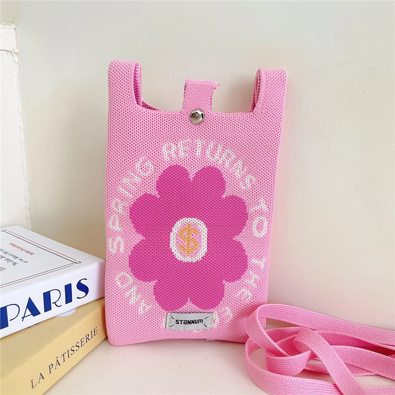 Women's Small Knit Cartoon Cute Bucket Lock Clasp Phone Wallets