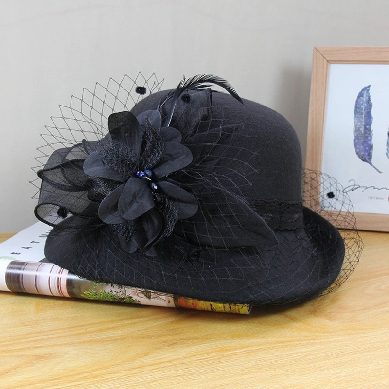 Wool Hat Women's Autumn And Winter  Vintage Basin Hat Hepburn Mesh Flower Curled Top Hat