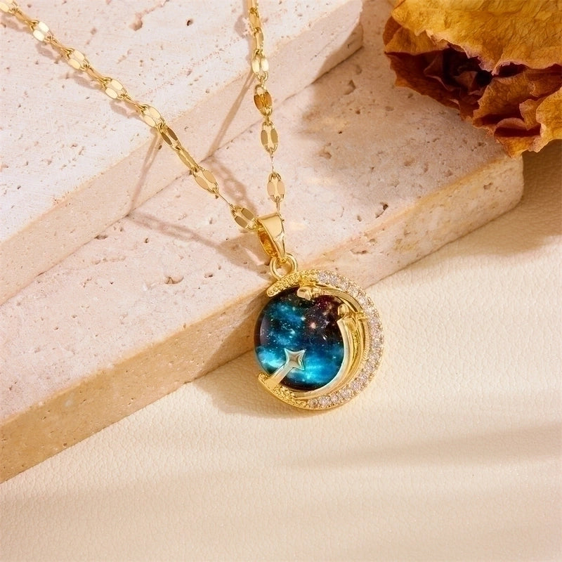 Titanium Steel 18K Gold Plated Vintage Style Plating Moon Acrylic Rhinestones Pendant Necklace