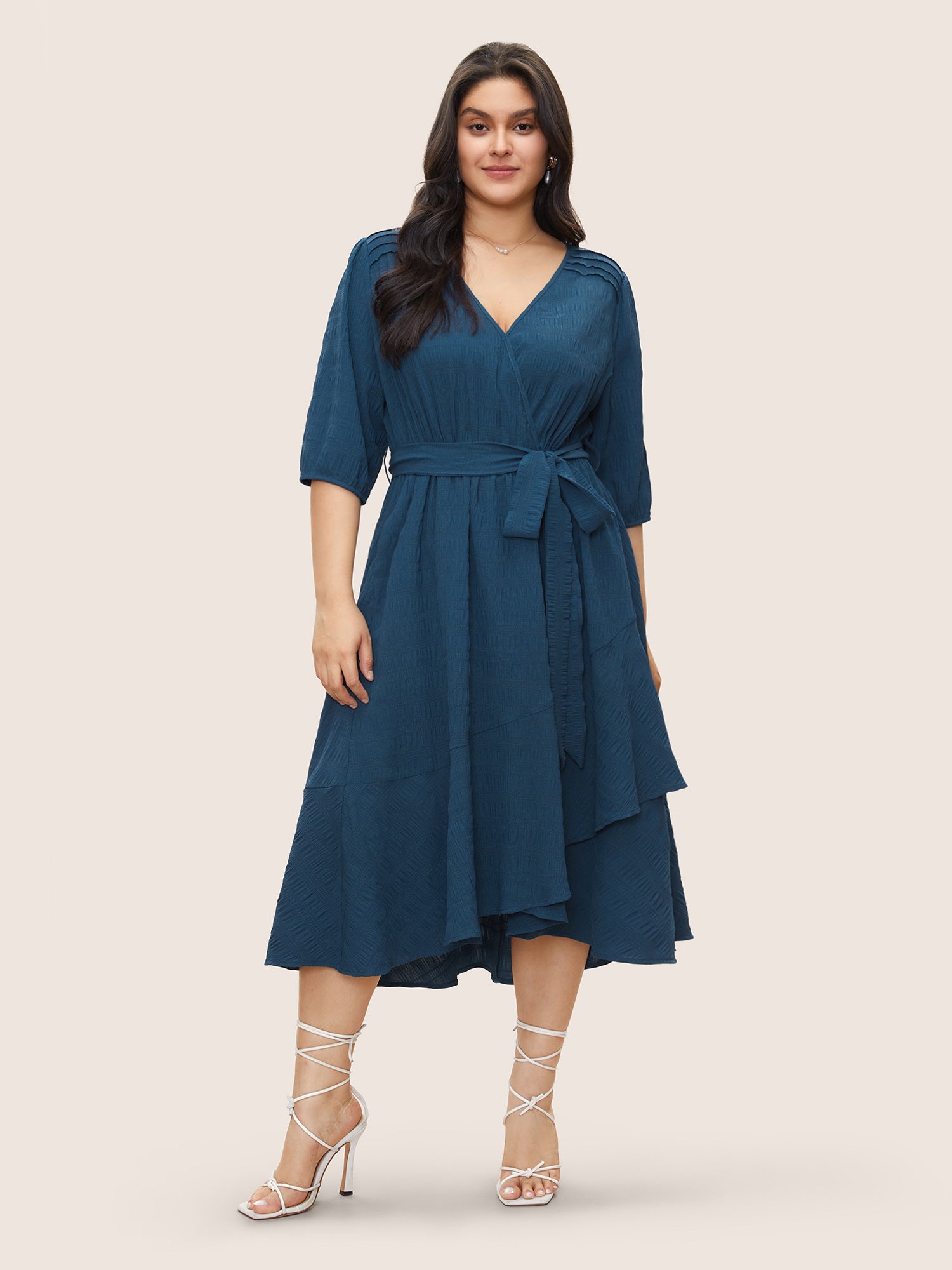 Plisse Overlap Collar Belted Pleated Detail Dress