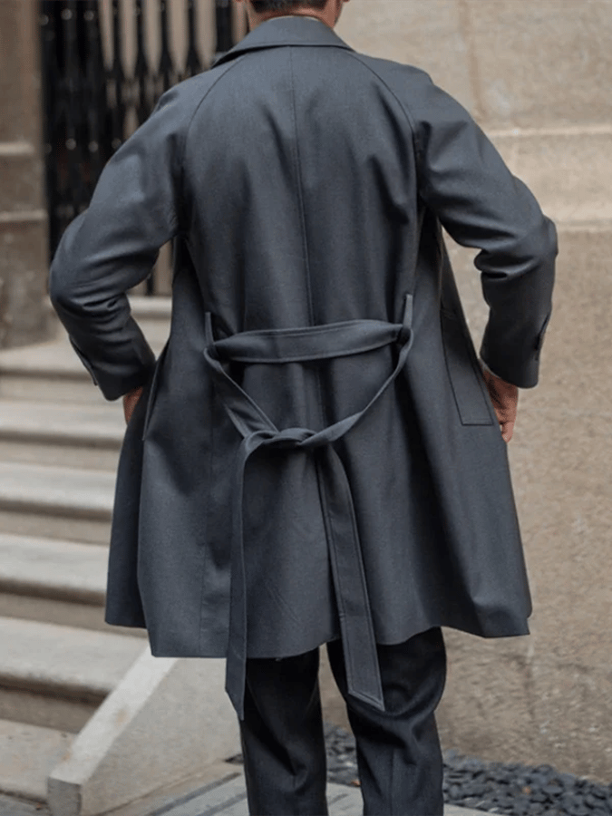 Men's Fashionable Open-Pocket Single-Breasted Design Casual Woolen Coat (Belt Included)