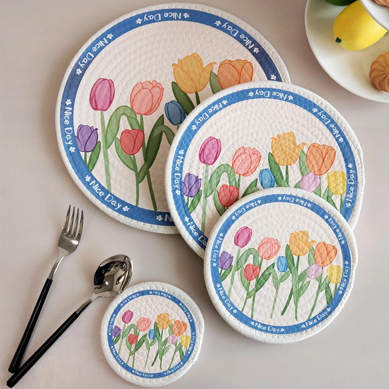 Sweet Place Mat Tulip Printed Cotton Rope Woven Table Top Mat Heat Insulation Mat Coaster