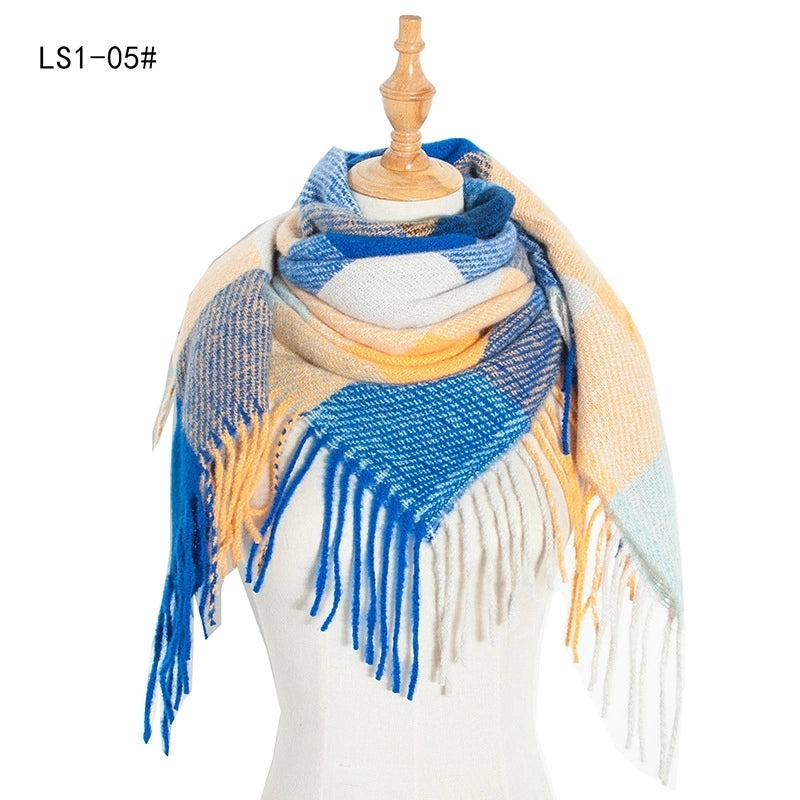 New Circle Yarn Stripe Plaid Polyester Long Tassel Bristle Square Scarf Female Men's Scarf Shawl