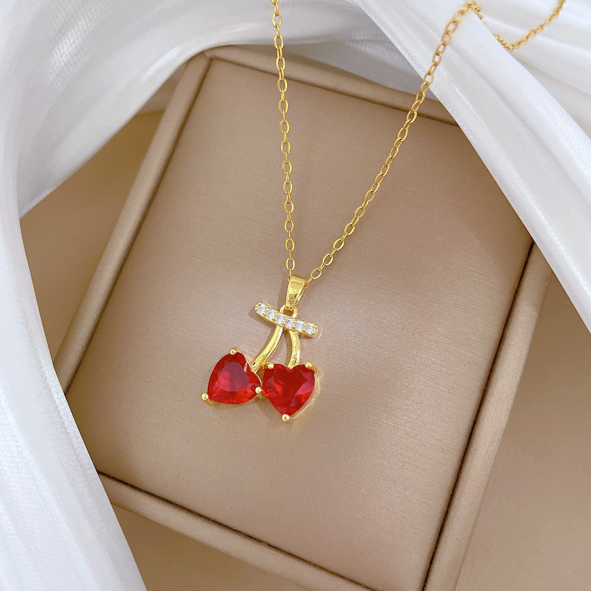 Fruit Red Cherry Fashion Gorgeous Full Diamond Necklace Women'S All-Match Clavicle Chain Titanium Steel