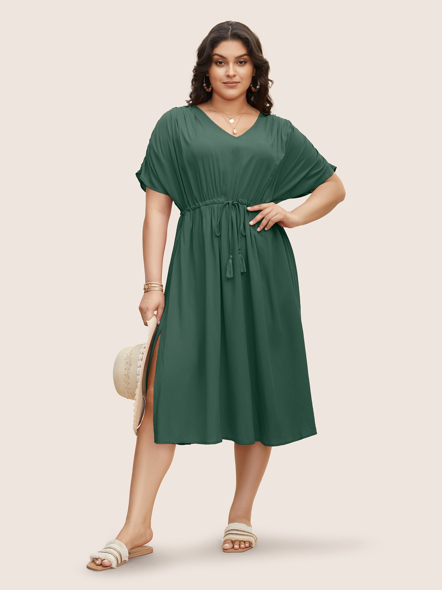 Solid Drawstring Gathered Dolman Sleeve Dress