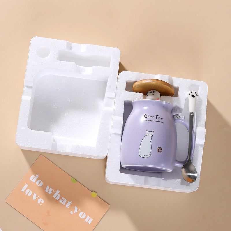 Cartoon Couple Cute Cat Ceramic Water Cup Super Cute Cat Lid Spoon Coffee Cup Breakfast Milk Gift Mug