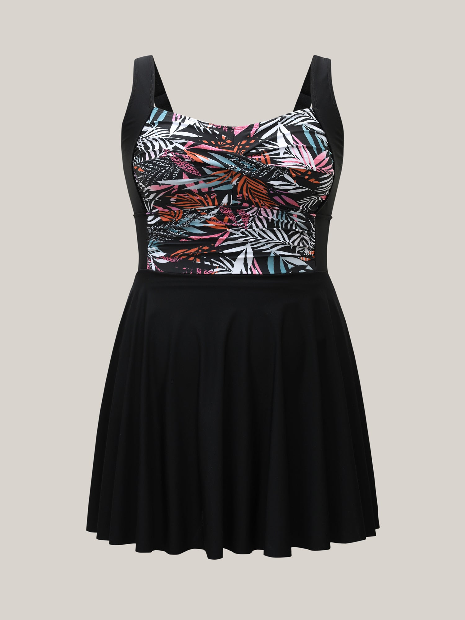 Tropical Leaf Print Twist Front Swim Dress