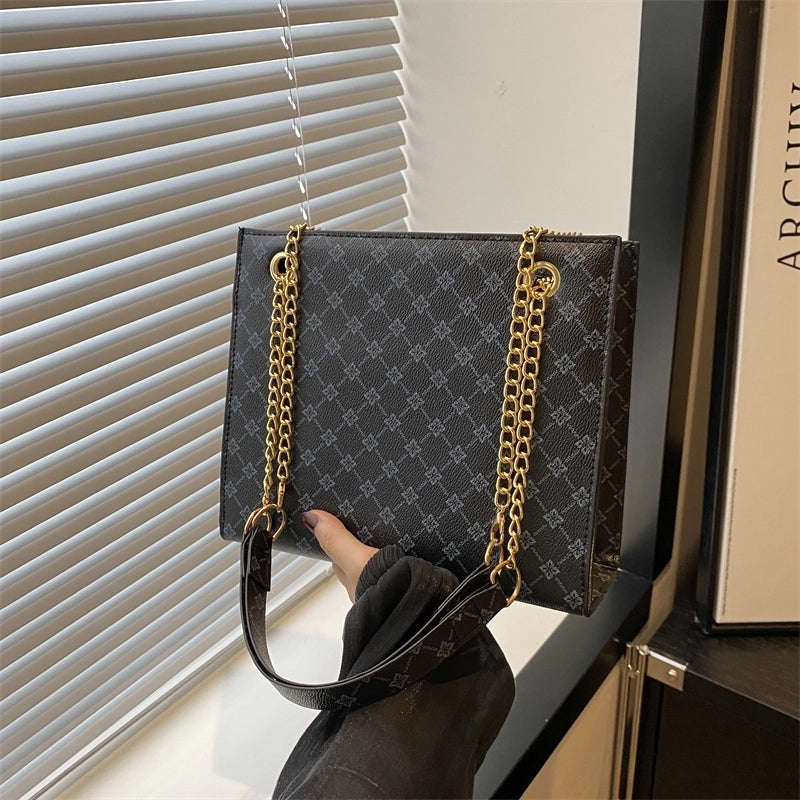 Women's Large Pu Leather Solid Color Argyle Vintage Style Classic Style Square Zipper Tote Bag