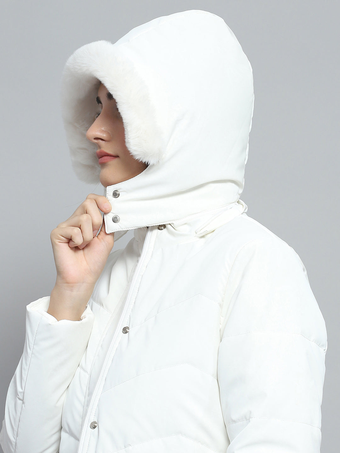 Women White Printed Detachable Hood Full Sleeve Jacket