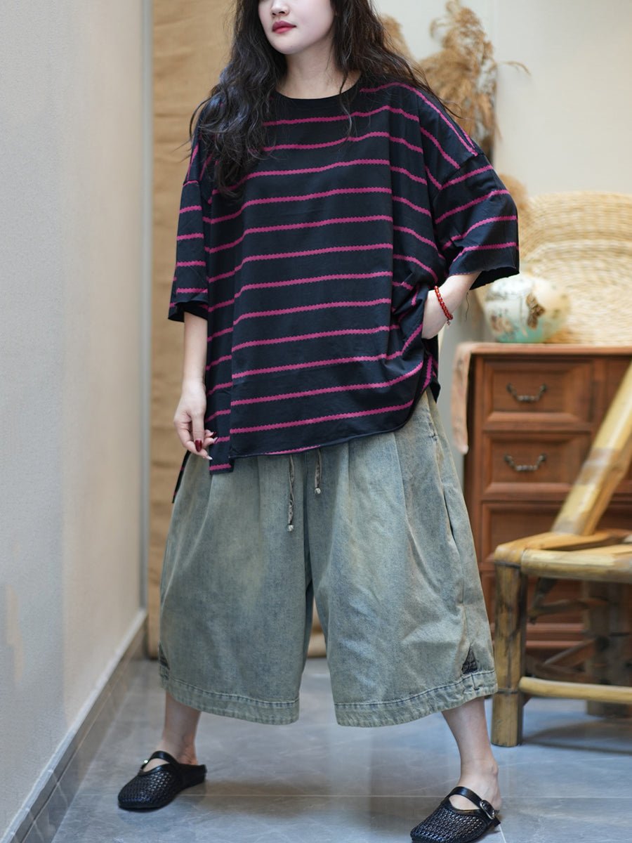 Women Summer Casual Stripe Cotton O-Neck Shirt