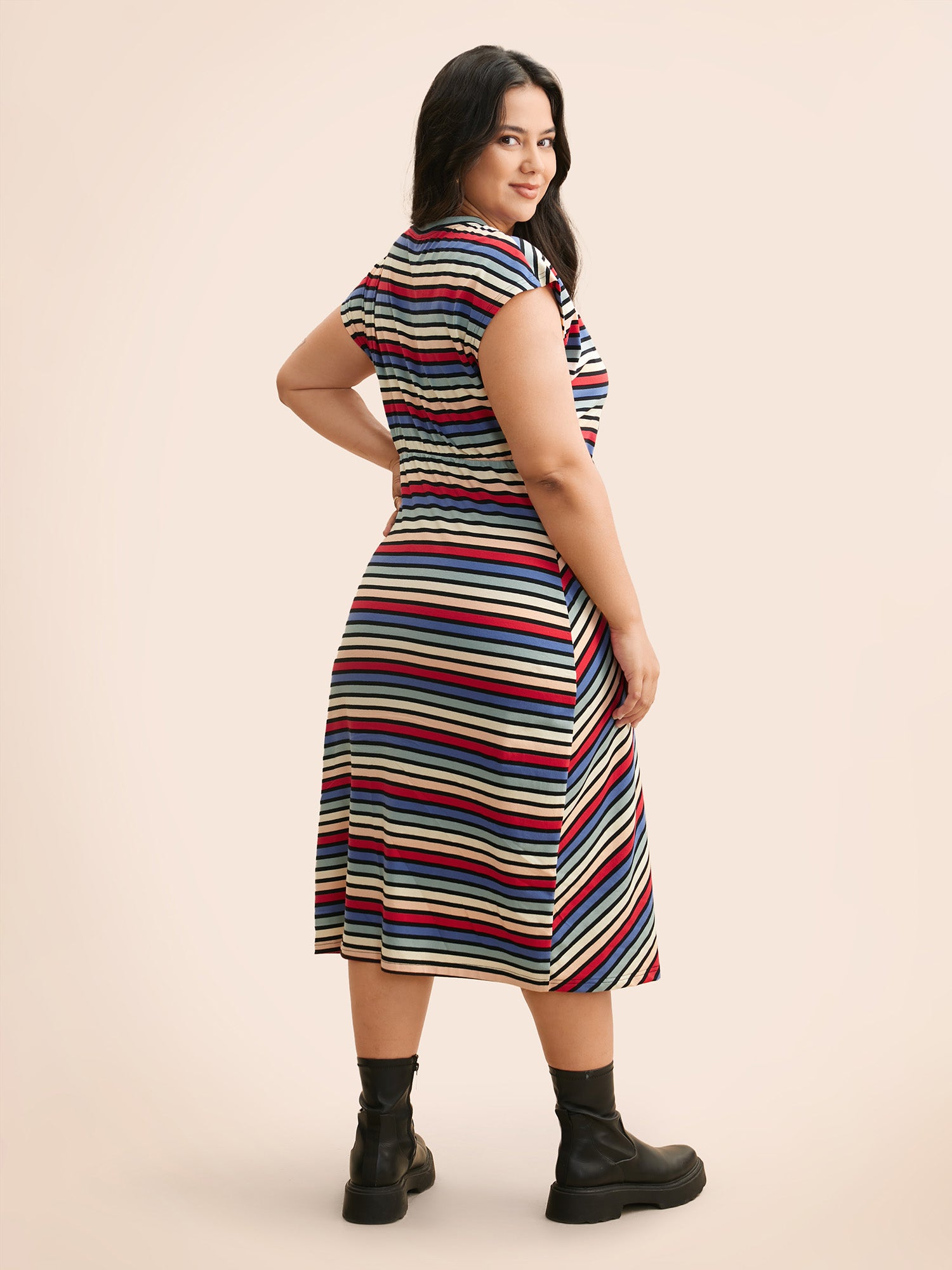Colored Striped Tie Knot Cap Sleeve Dress