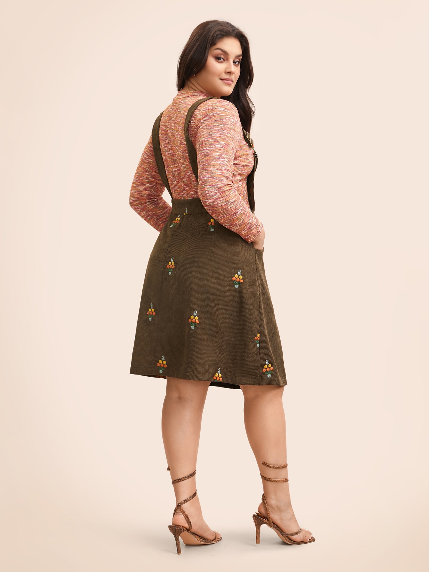 Floral Embroidered Corduroy Overall Dress