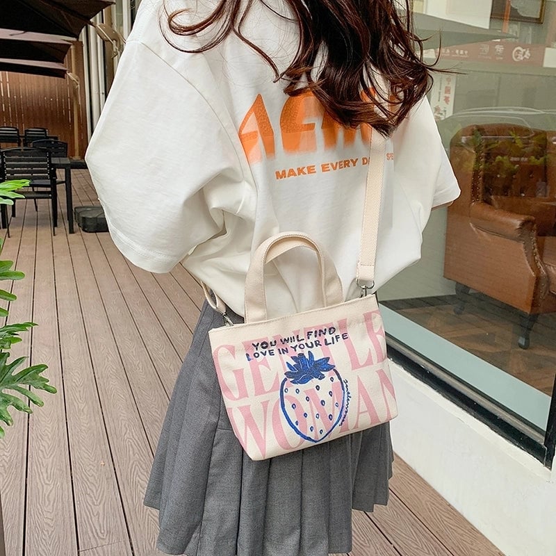 Women's Canvas Letter Cat Strawberry Cute Sewing Thread Open Handbag Crossbody Bag
